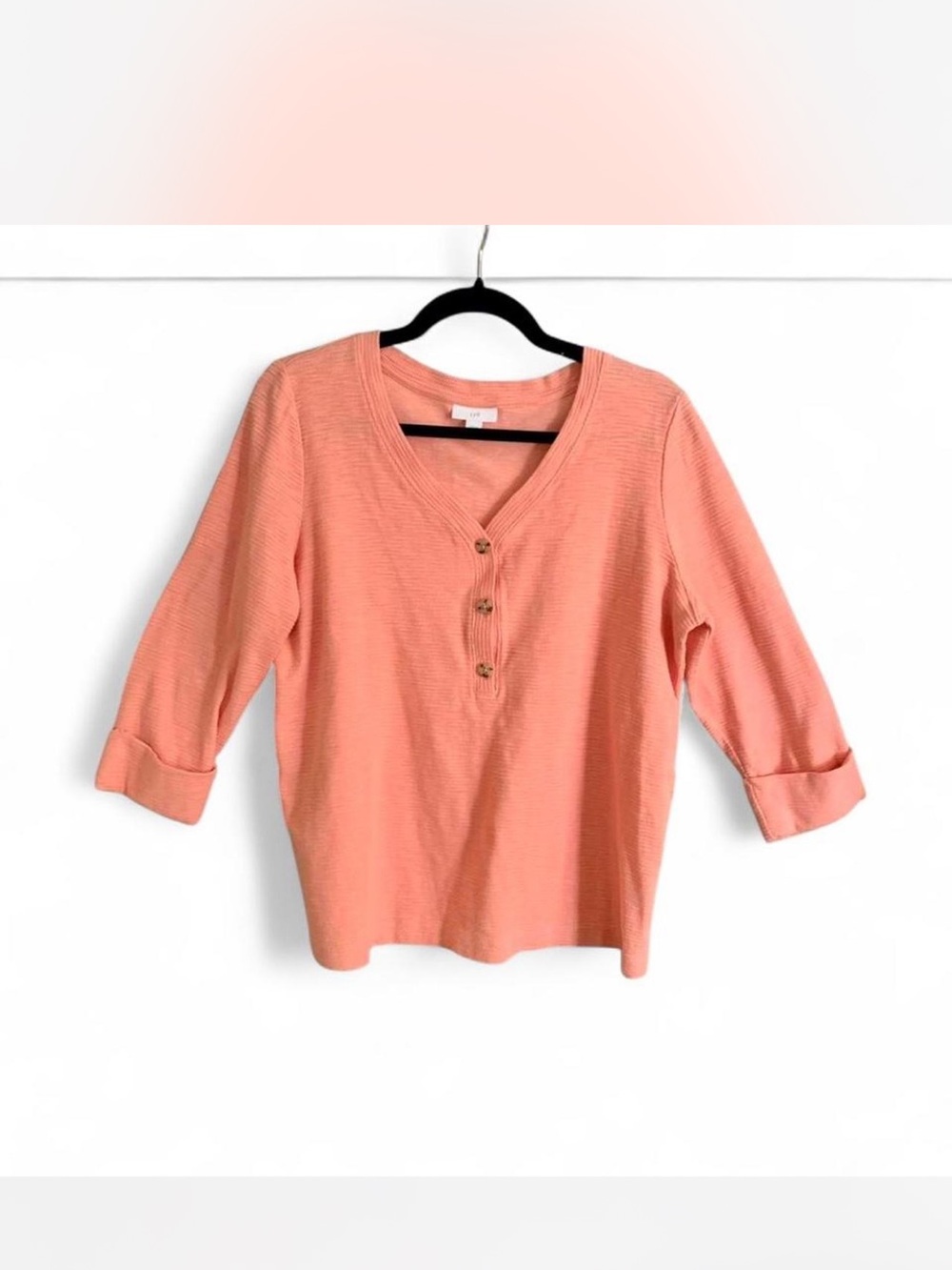 Oversized Cottagecore Women's Coral Button Henley Top - 3/4 Sleeve size M